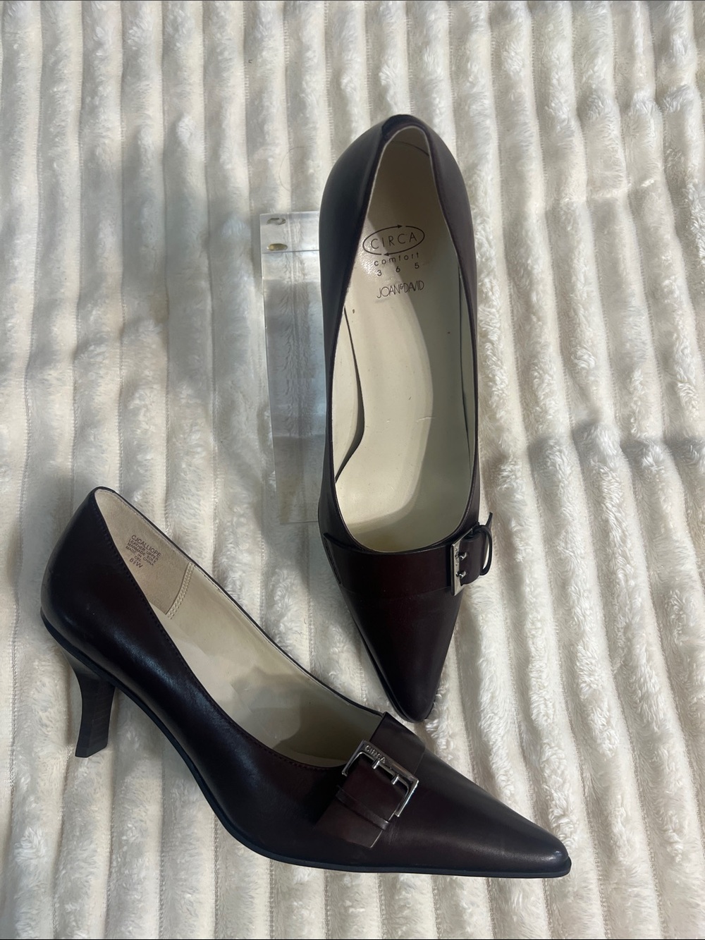 Joan & David Pointed-Toe Burgundy Leather Pumps with Buckle Detail